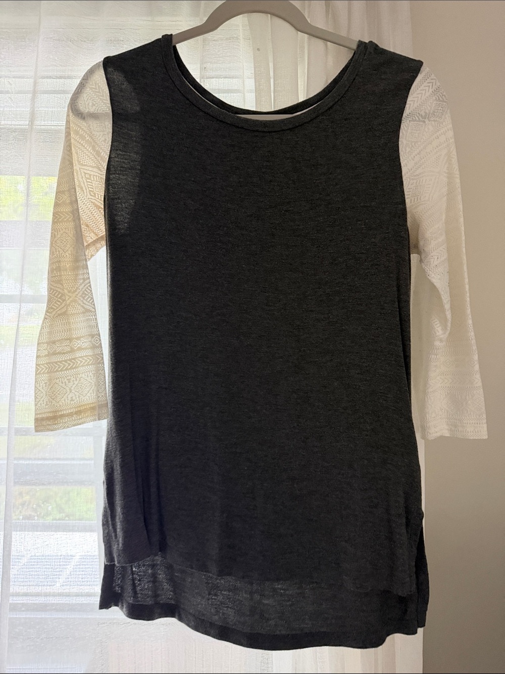 Merona Charcoal Gray Body with White Lace 3/4 Sleeve Top